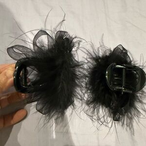2 Black Feather & Organza Hair Claw Clips - Women Accessories
